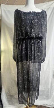 LOVE SHACK FANCY Dress Women Sz 1 Black Stars Moon Silver Stripes Sheer Silk